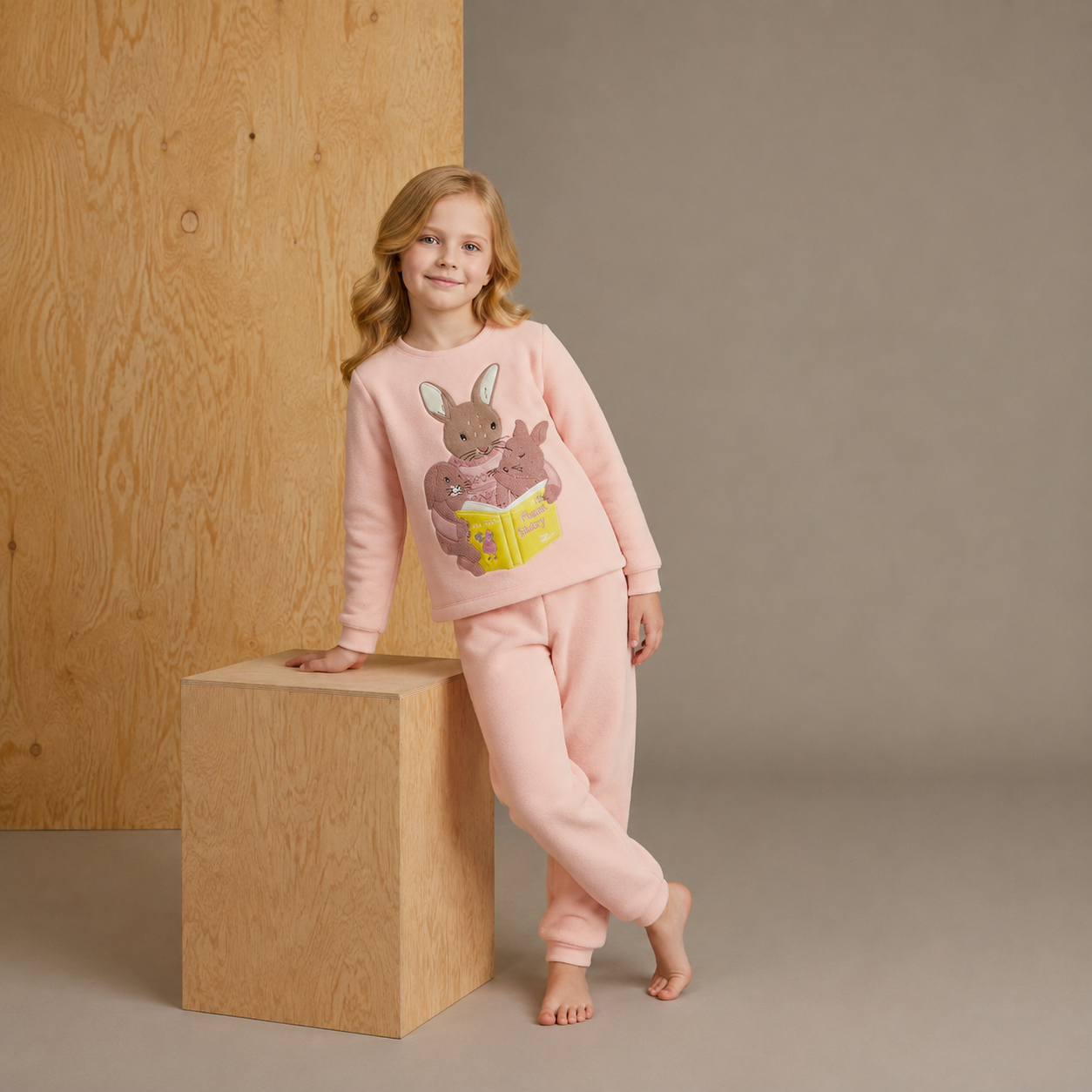 Girls Peach Cotton Night Suit – Bunny Graphic Winter Set