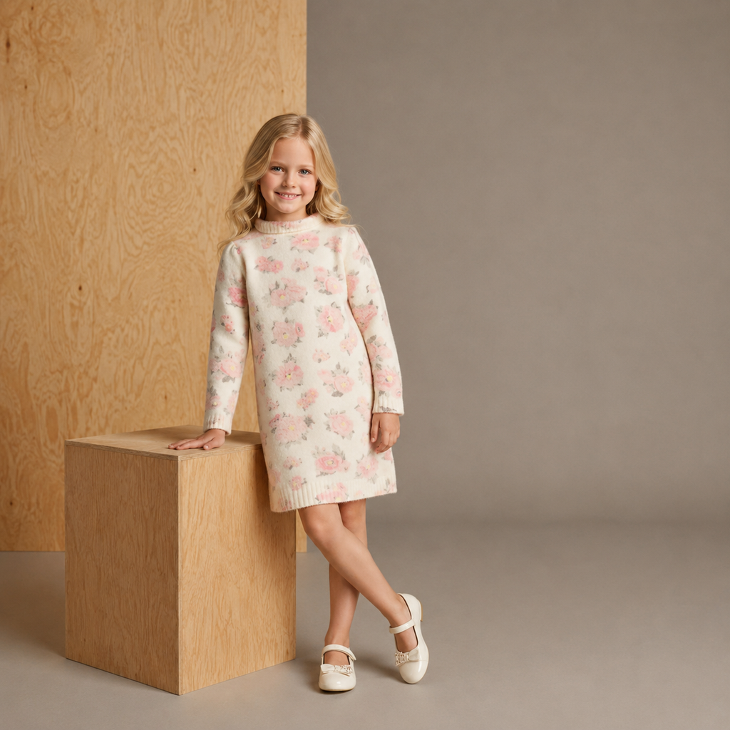 Robe pull tricotée florale pour filles – Vêtement d'hiver à manches longues