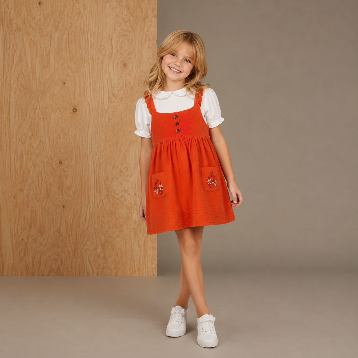 Mädchen Orange Latzkleid mit T-Shirt mit halbgepufften Ärmeln