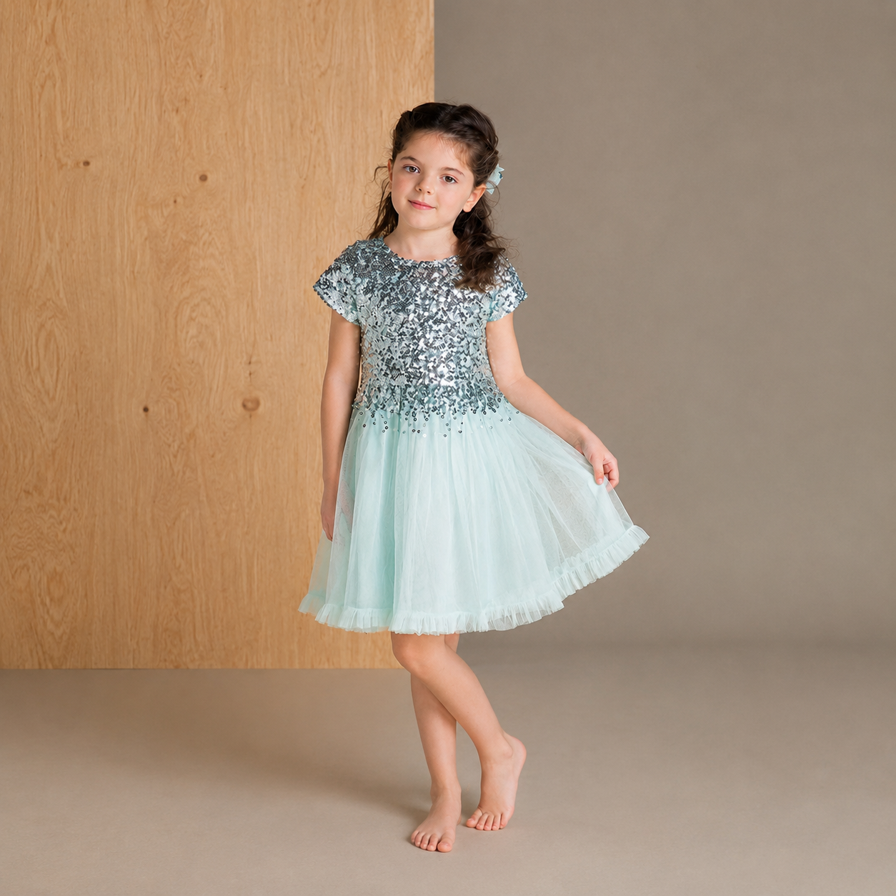Himmelblaues, paillettenbesetztes, süßes, elegantes Kleid