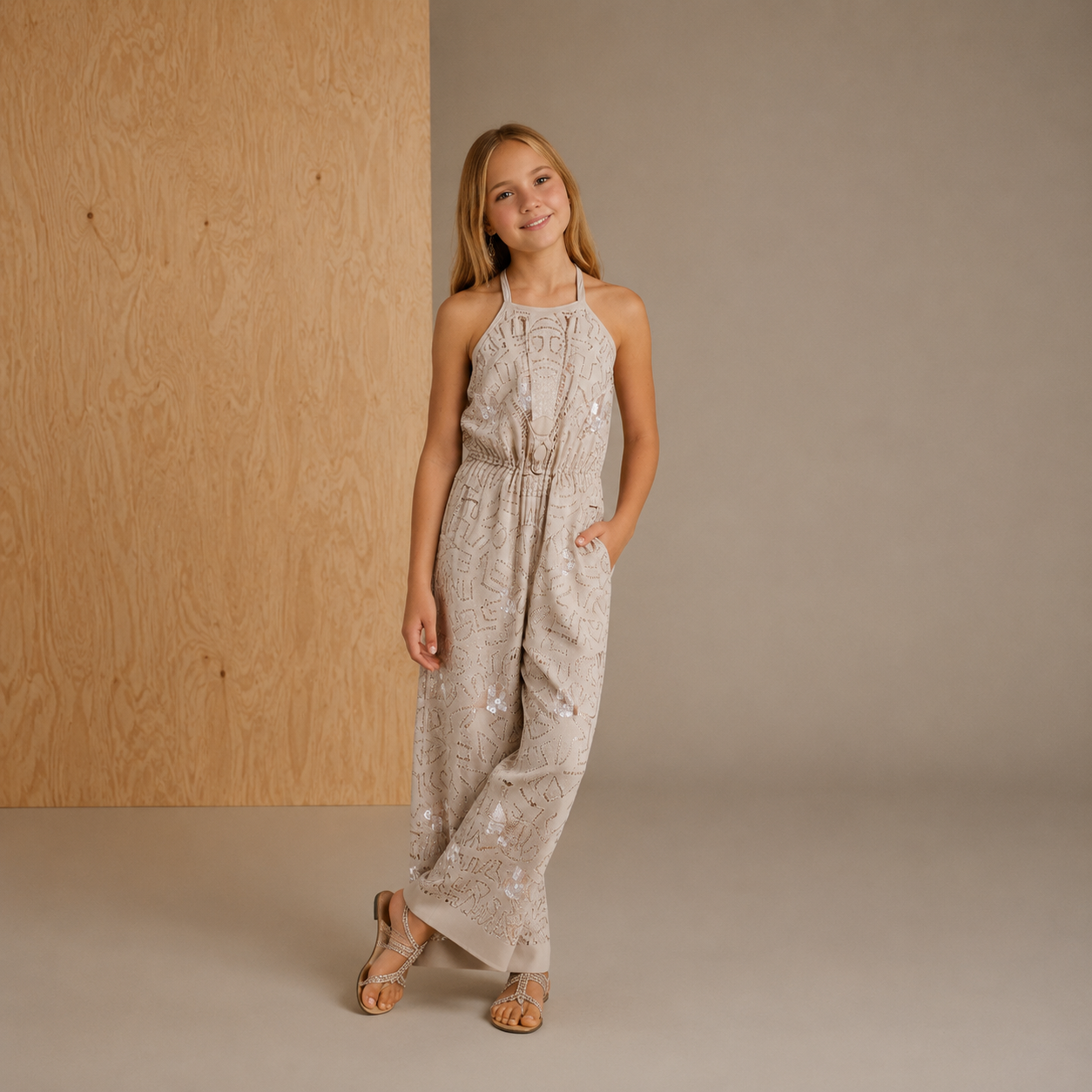 Combinaison de soirée classique beige à sequins