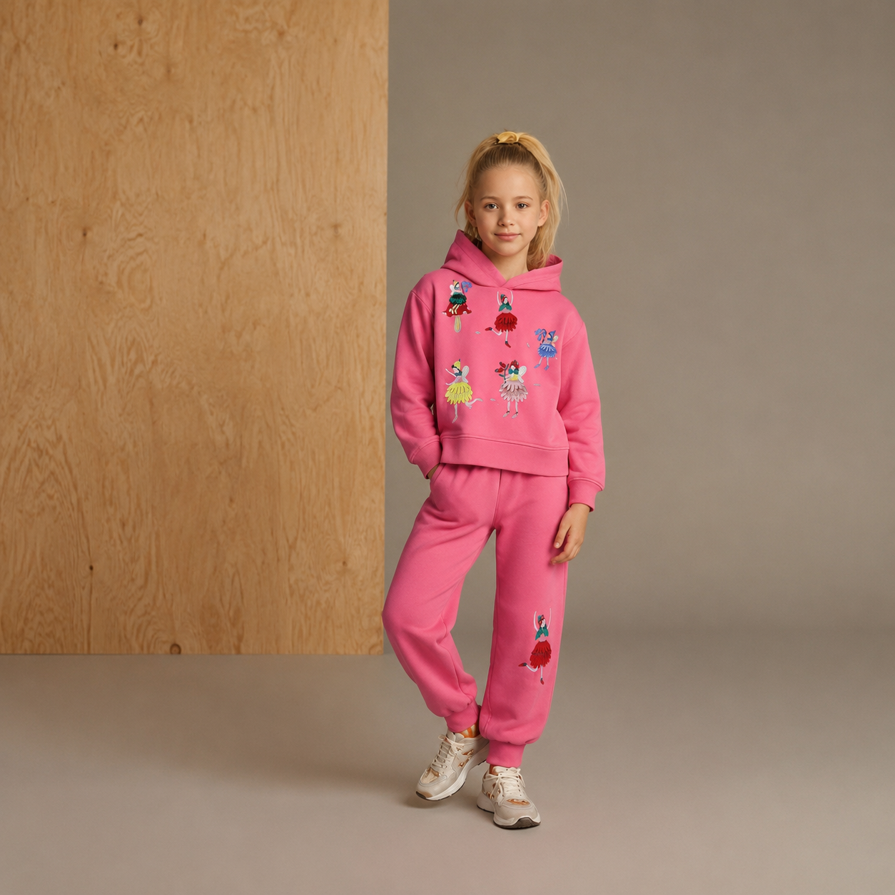 Ensemble de survêtements d'hiver classique doux brodé avec appliqués rose uni