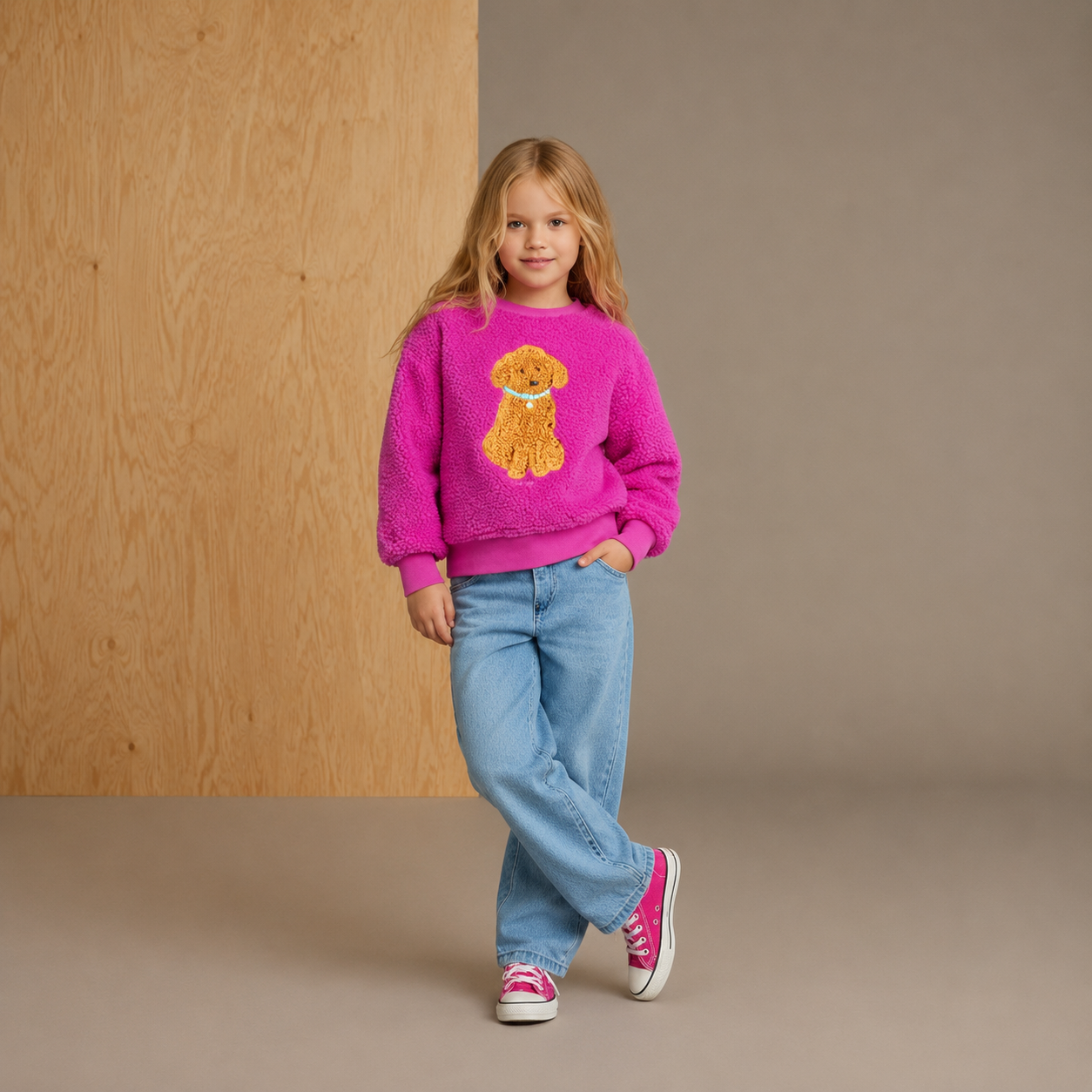 Sweat-shirt d'hiver classique douillet à appliqué uni magenta