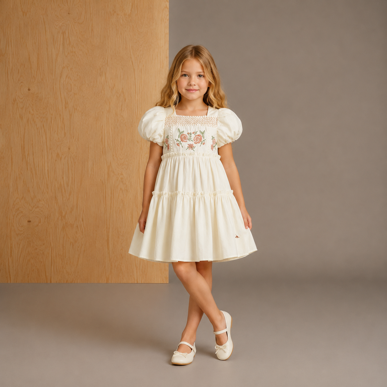 Off White Solid Embroidered Cozy Classic Dress