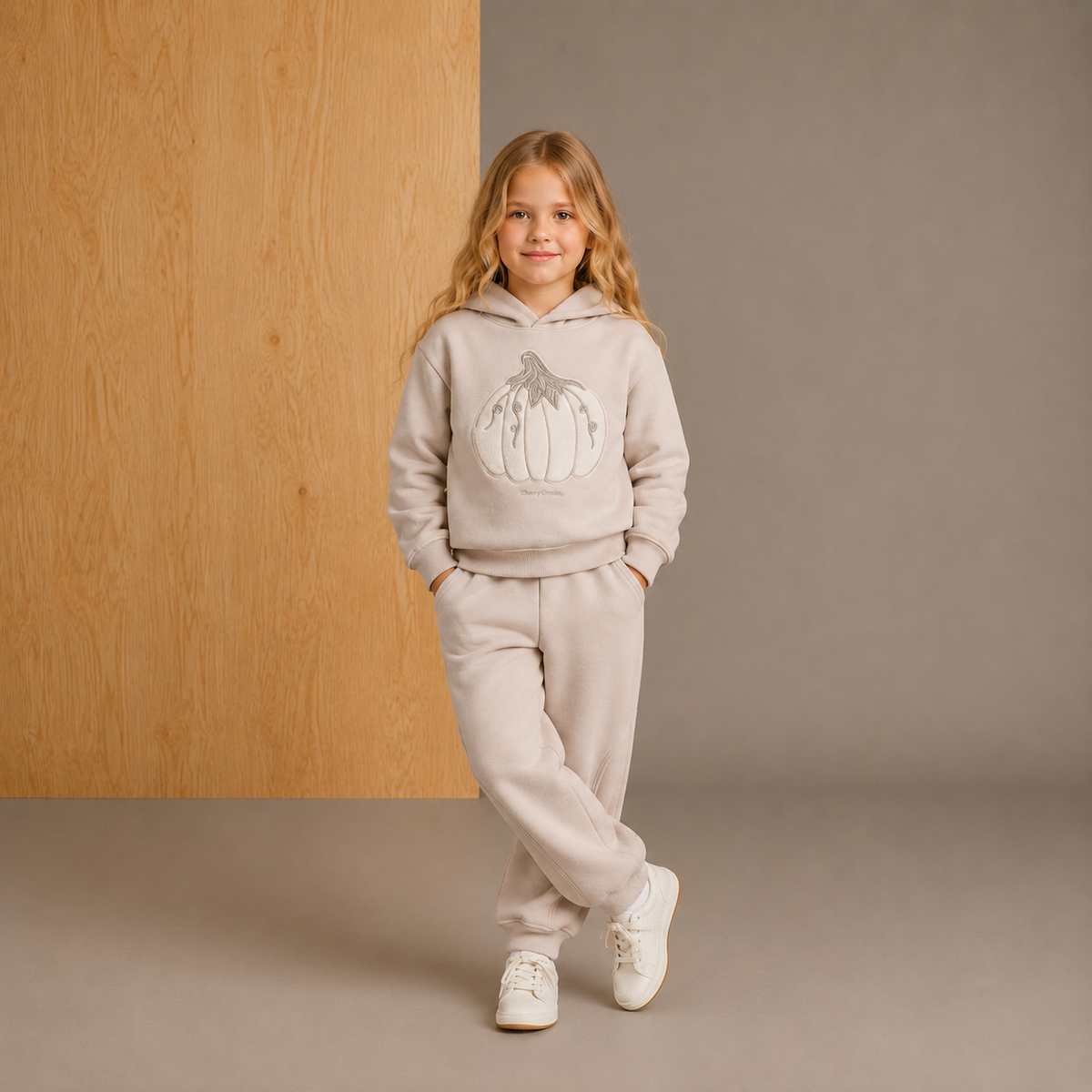 Grey Applique And Embroidered Cozy Hooded Sweatshirt Set