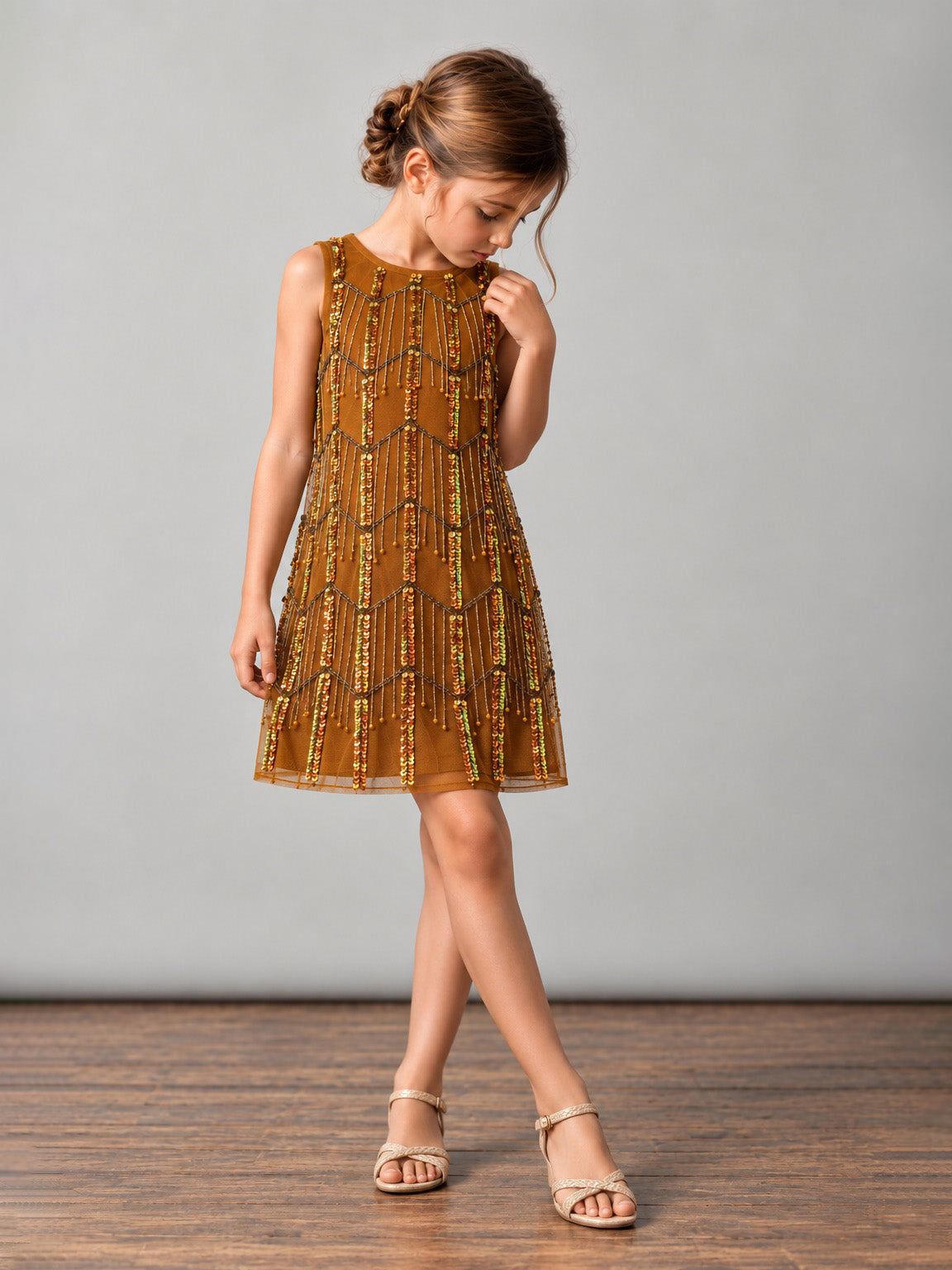 Girls Brown Sequin Embellished Party Wear Dress