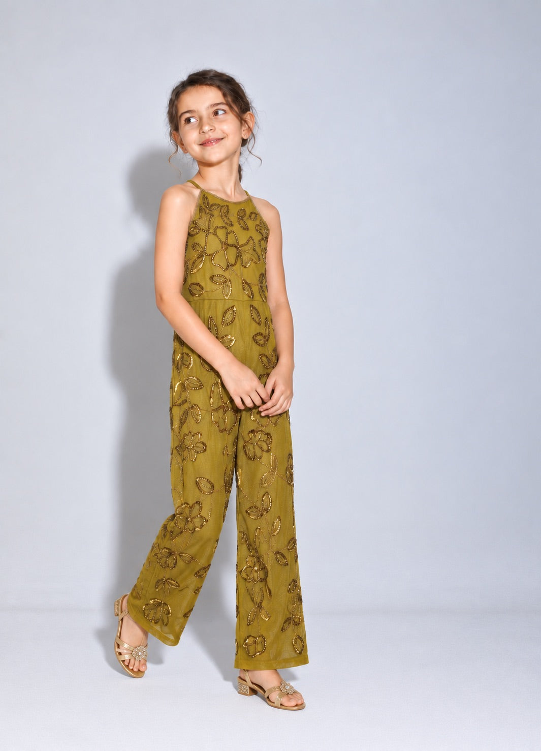 Girls Olive Gold Floral Embellished Party Jumpsuit