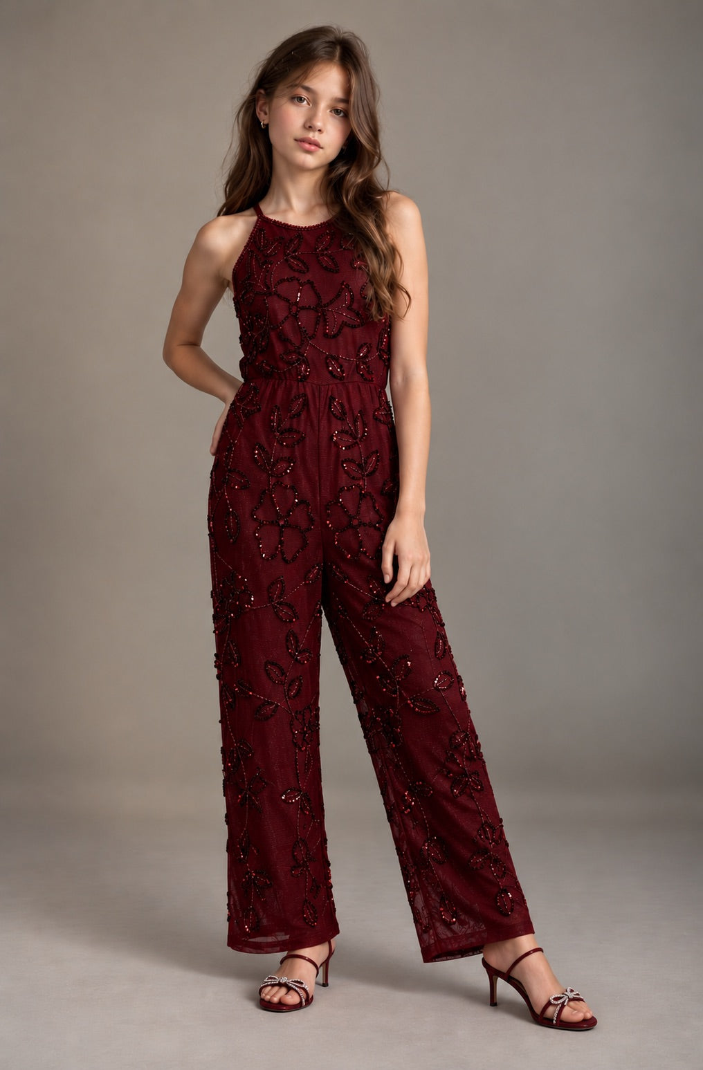Girls Maroon Floral Sequin Party Jumpsuit