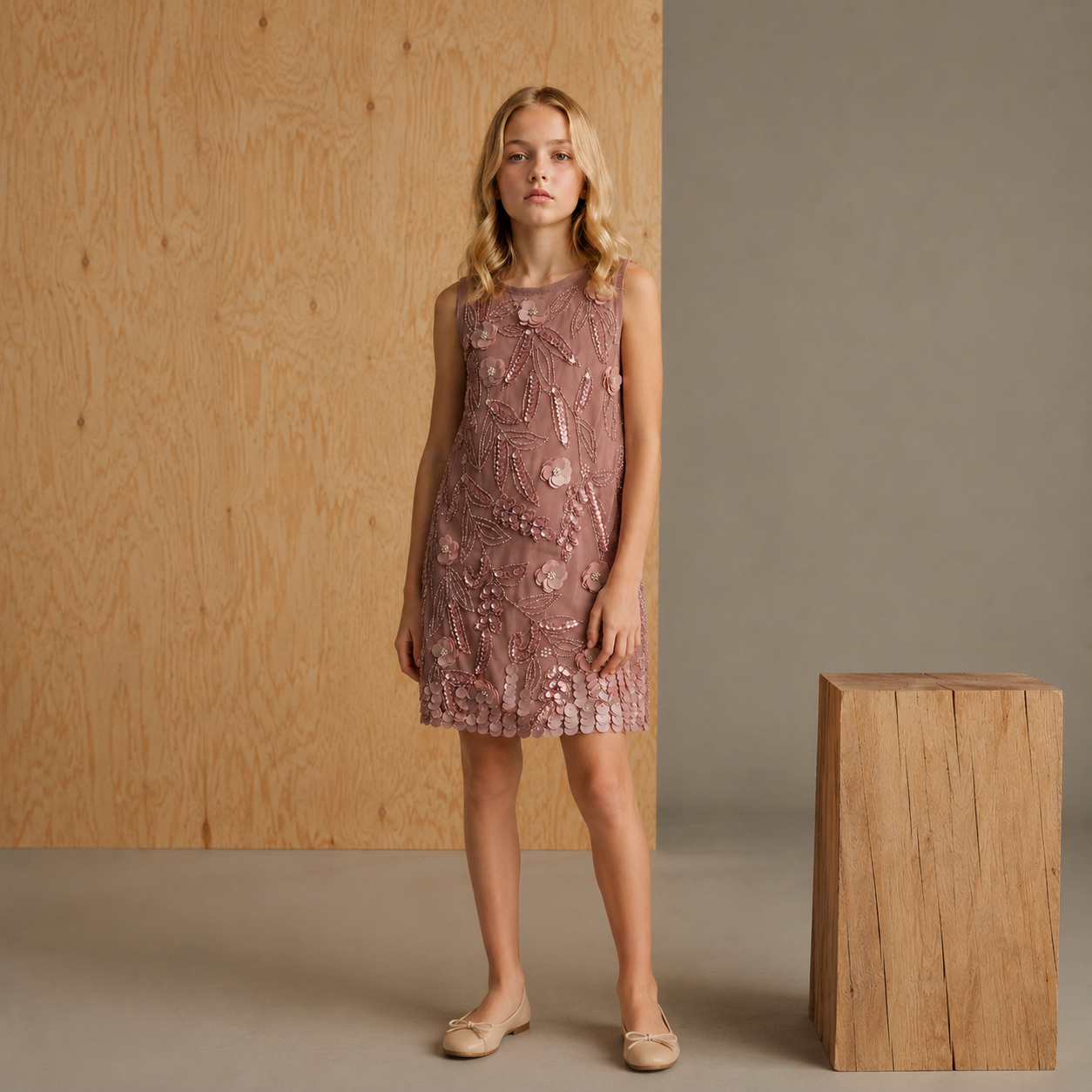 Cherry Crumble Girls Beige Ethnic Motifs Solid Polyester Straight A-line Dress