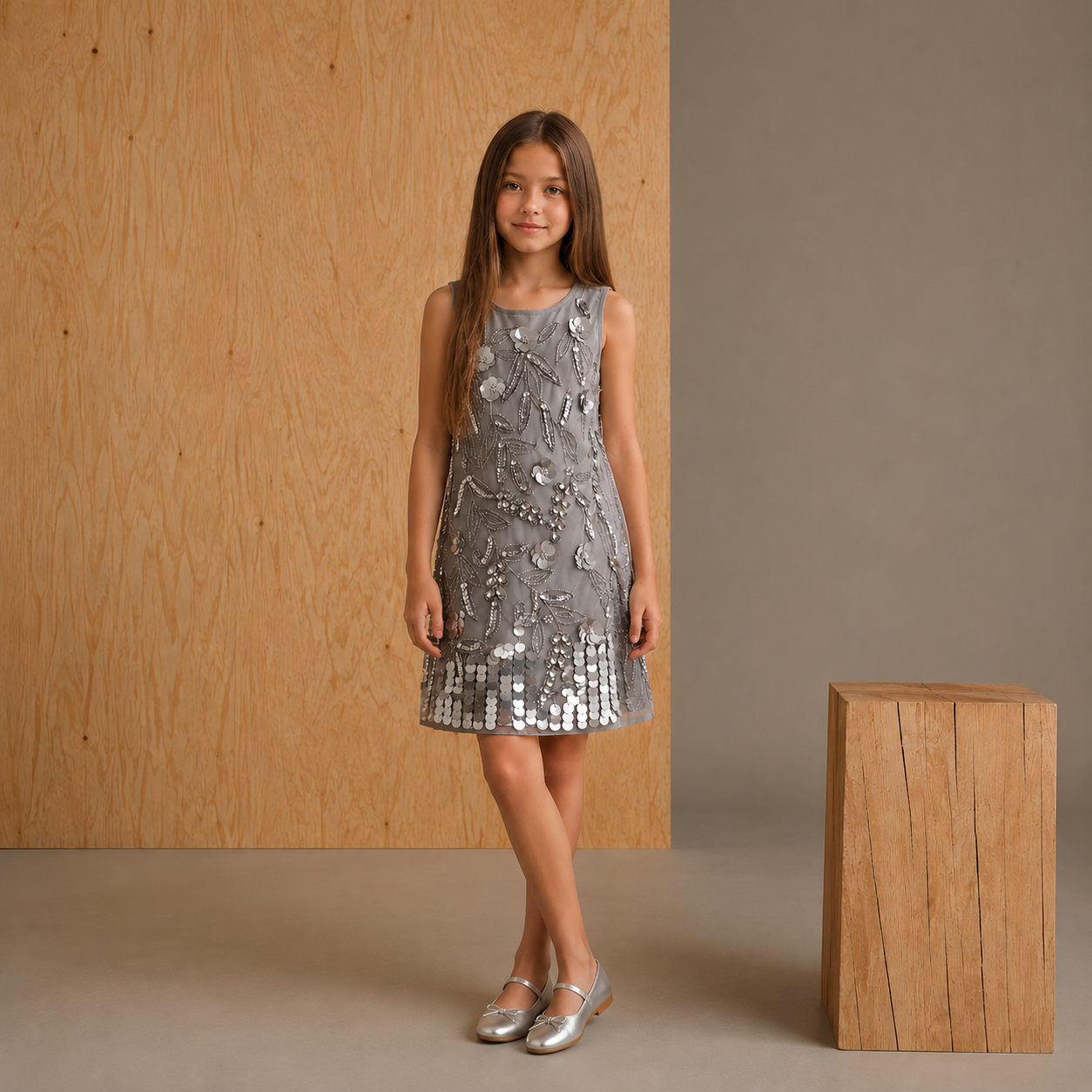 Cherry Crumble Girls Grey Solid Embellished Sleeveless A-Line Dress
