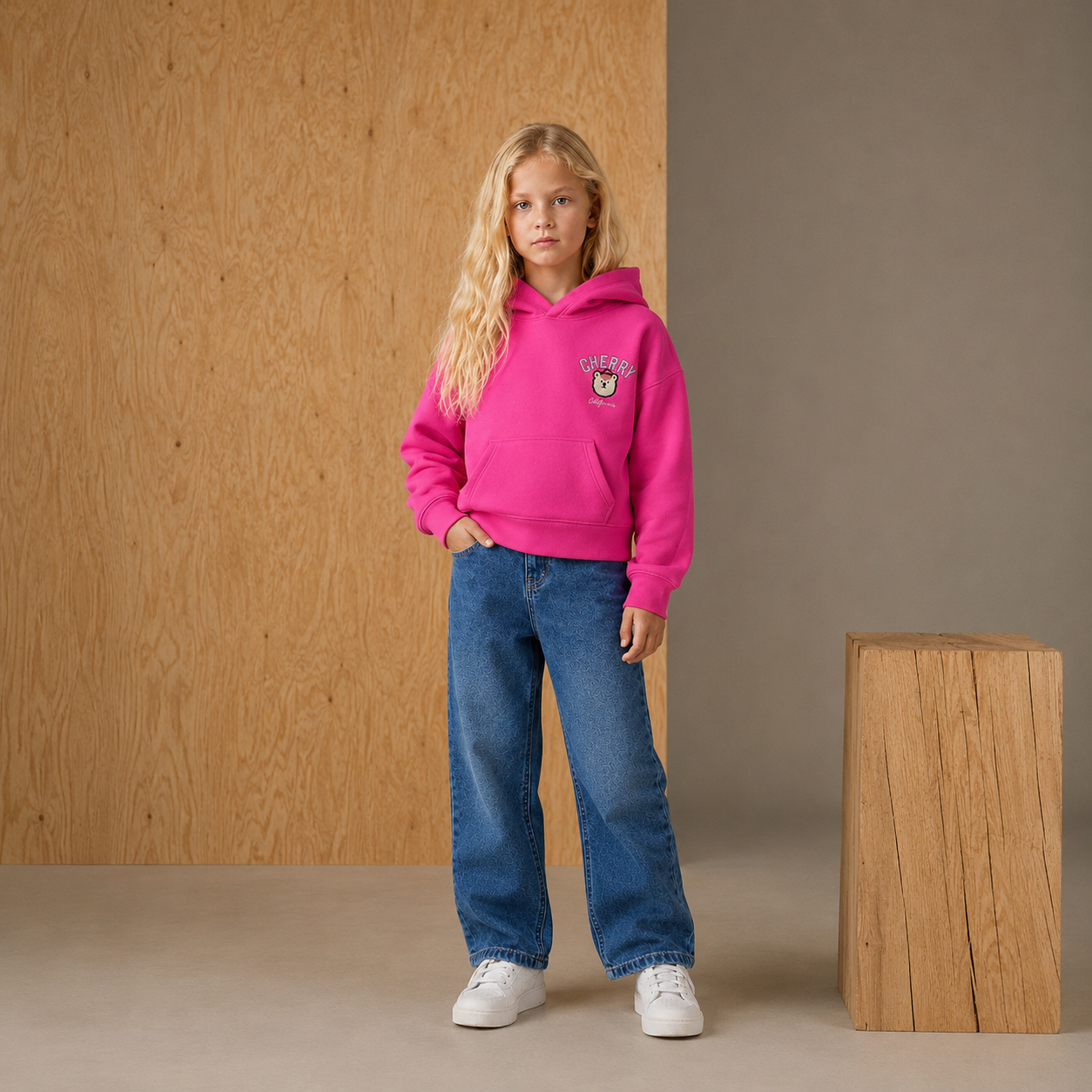 Cherry Crumble Girls Pink Solid Polyester Straight Hoodi
