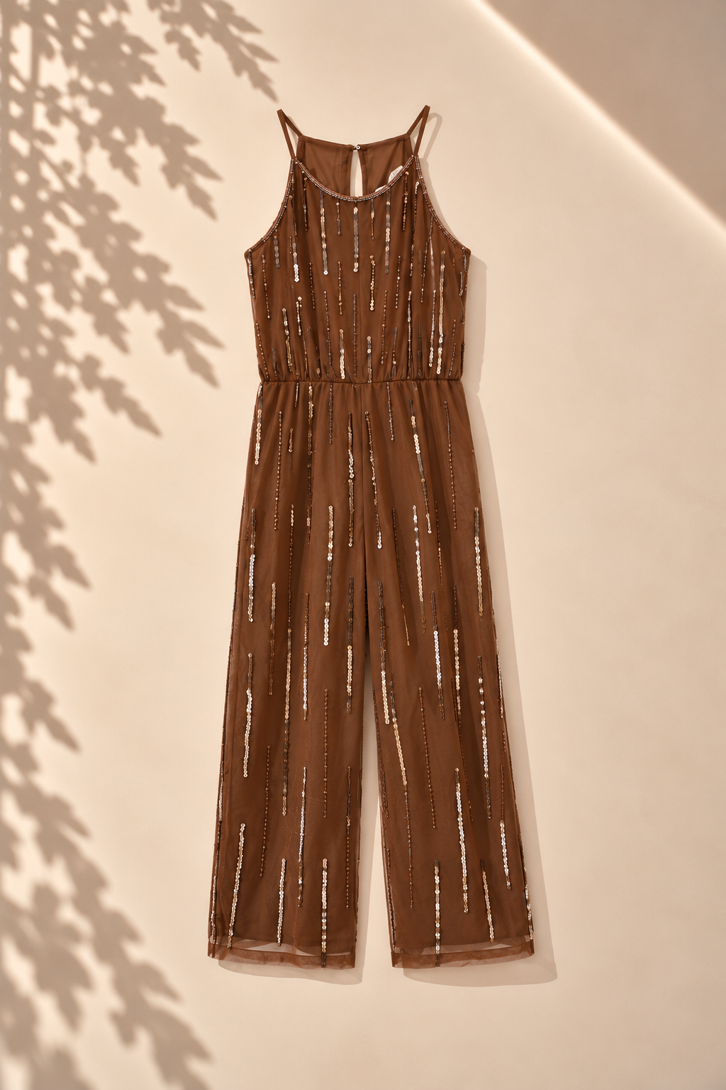 Girls Brown Sequin Embellished Shoulder Starp Party Jumpsuit