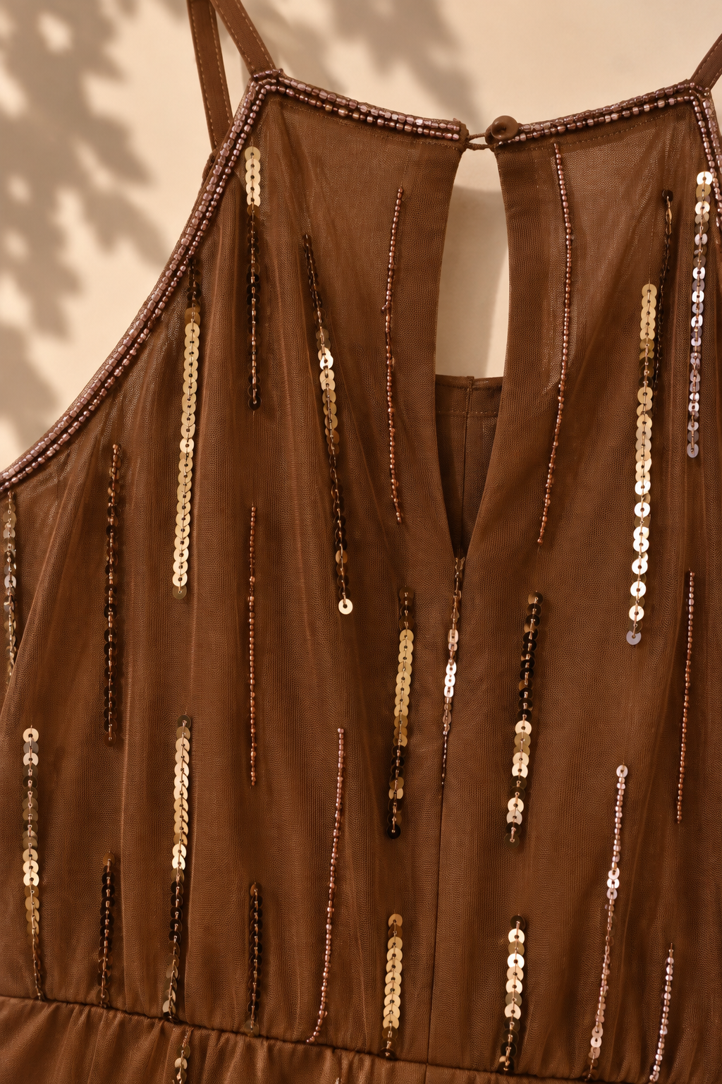 Girls Brown Sequin Embellished Shoulder Starp Party Jumpsuit
