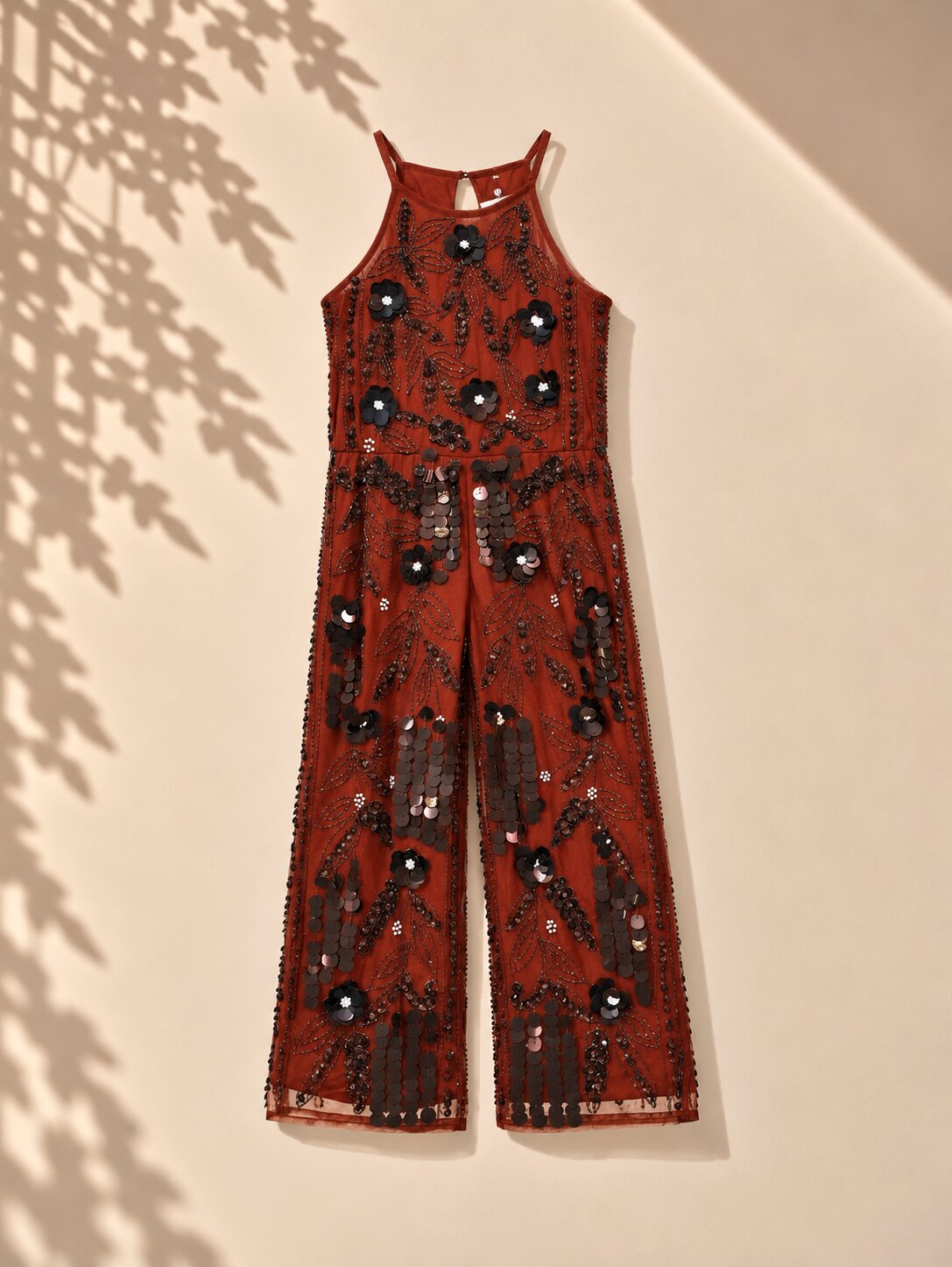 Brown Sequins Embellished Shoulder Strap Party Wear Jumpsuit