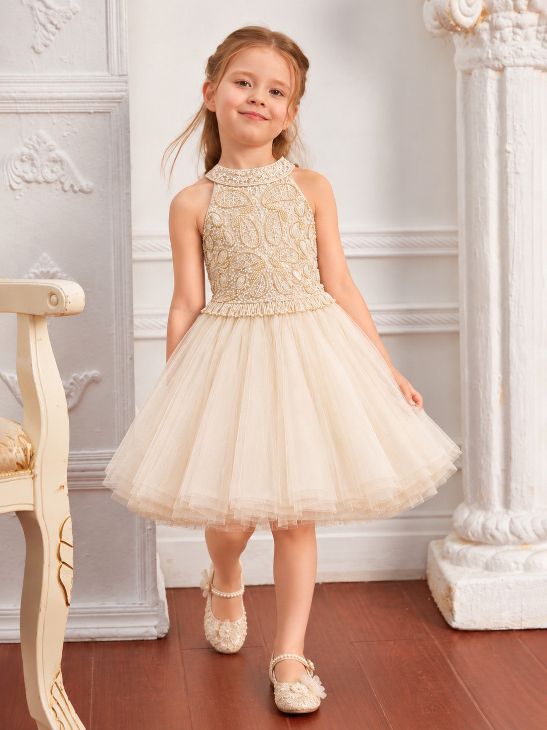 Girls Ivory Beaded Tulle Party Dress
