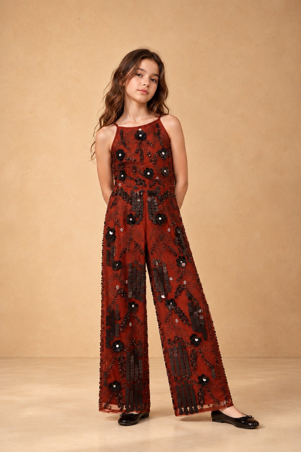 Brown Sequins Embellished Shoulder Strap Party Wear Jumpsuit