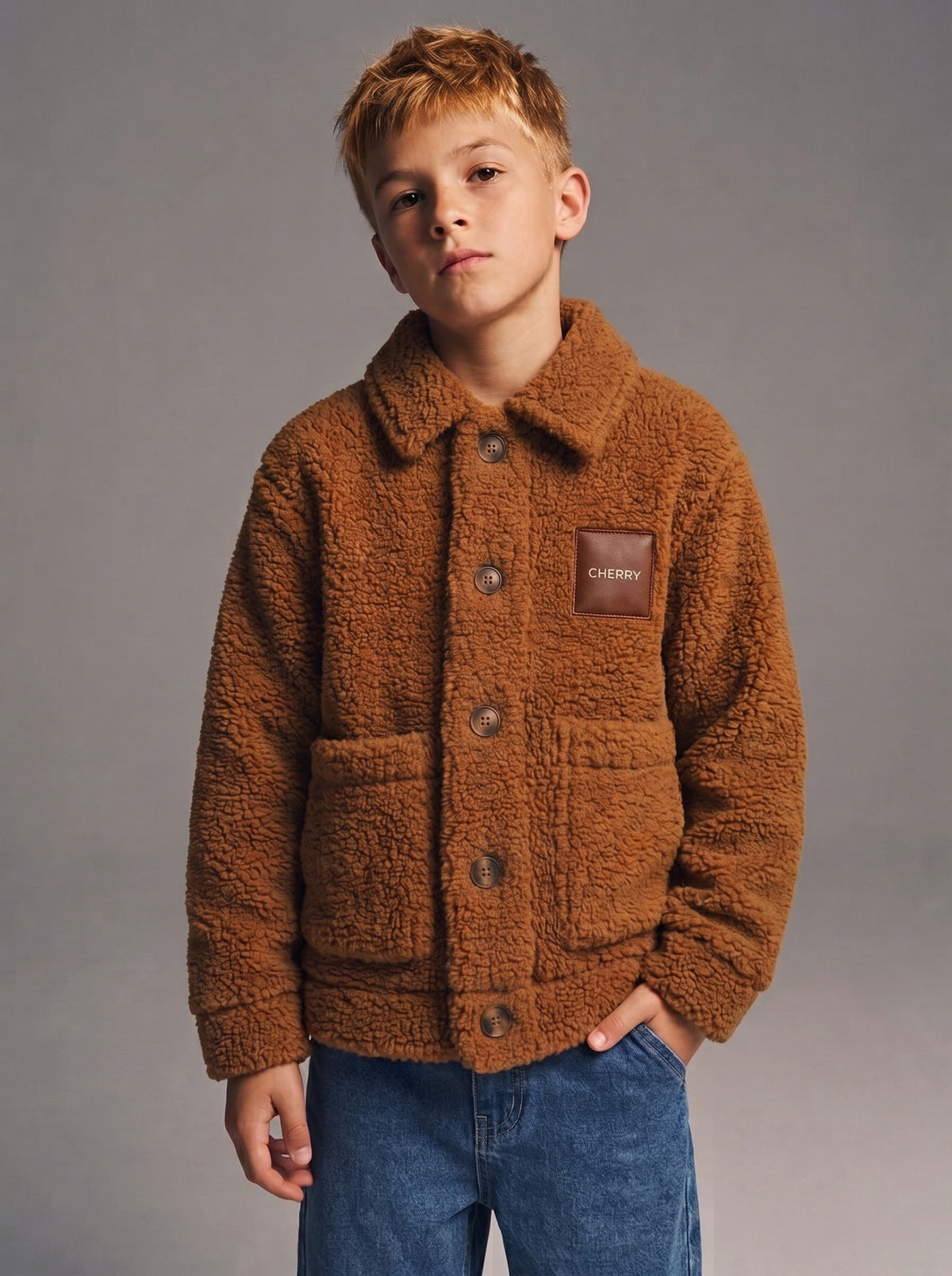 Kids Unisex Beige Teddy Fleece Button-Up Jacket