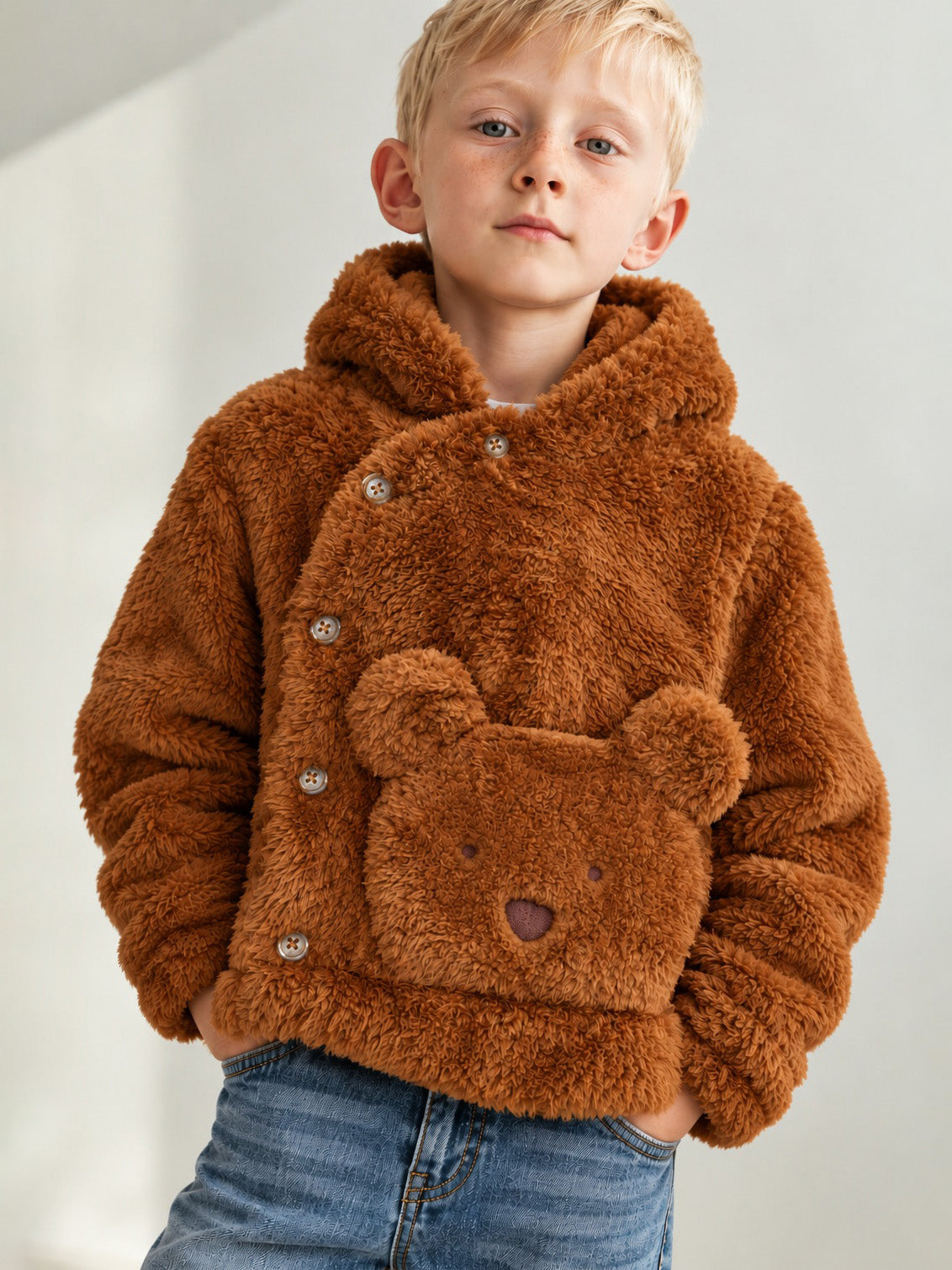 Kids Unisex Brown Teddy Bear Hooded Fleece Jacket