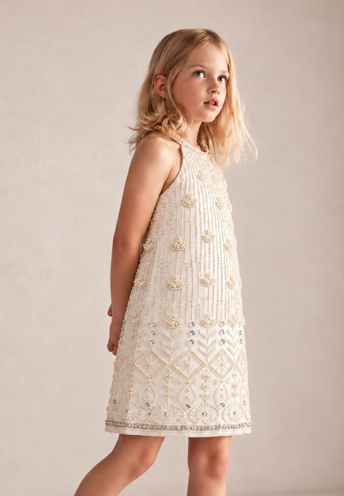 Girls White Hand-Embellished Pearl & Sequin Party Dress