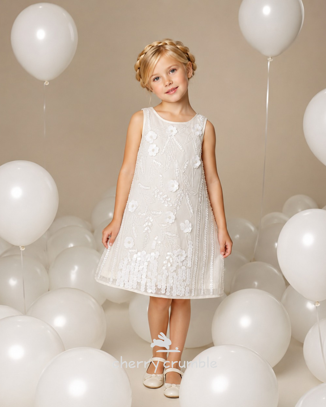 White Self Design Sleeveless A-Line Party Dress
