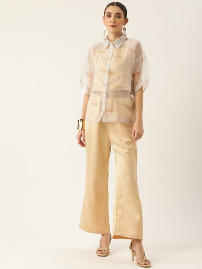 Women Off White Printed Solid Polyester Collared Co-Ord Set