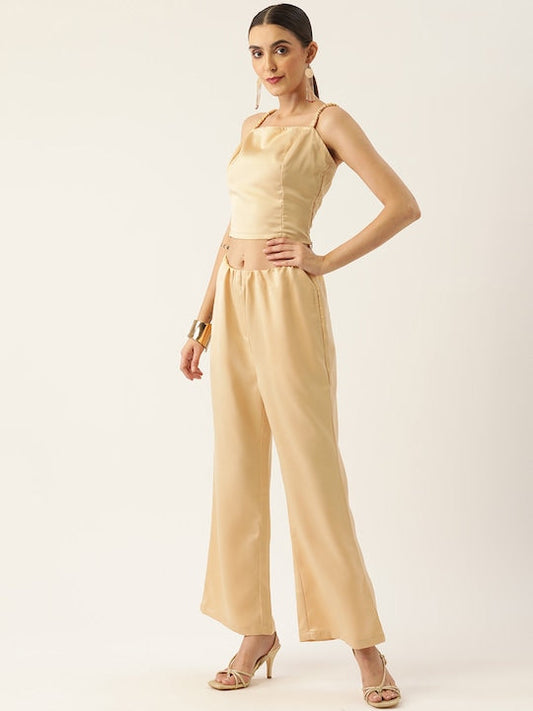 Women Off White Printed Solid Polyester Collared Co-Ord Set