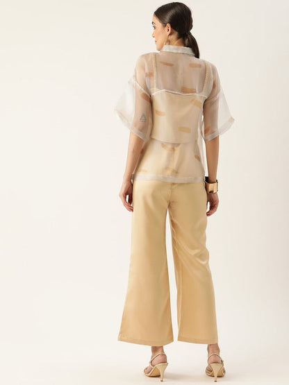 Women Off White Printed Solid Polyester Collared Co-Ord Set