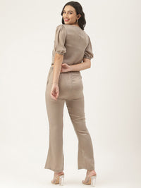 Women Grey Solid Polyester V-Neck Co-Ord Set