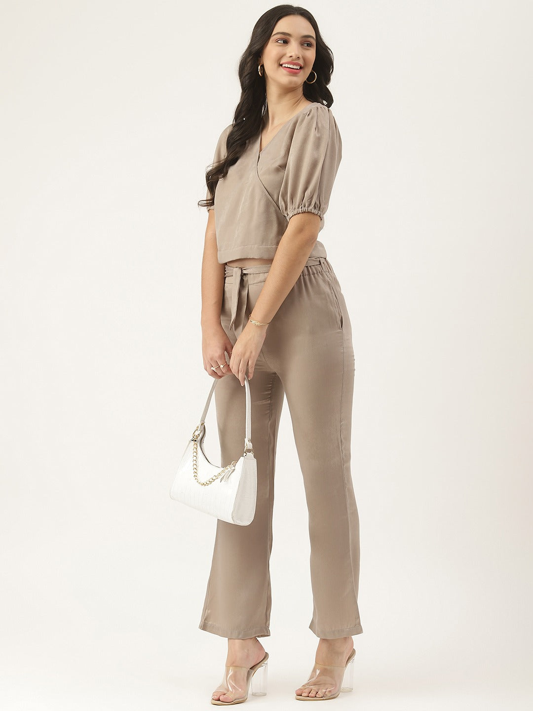 Women Grey Solid Polyester V-Neck Co-Ord Set