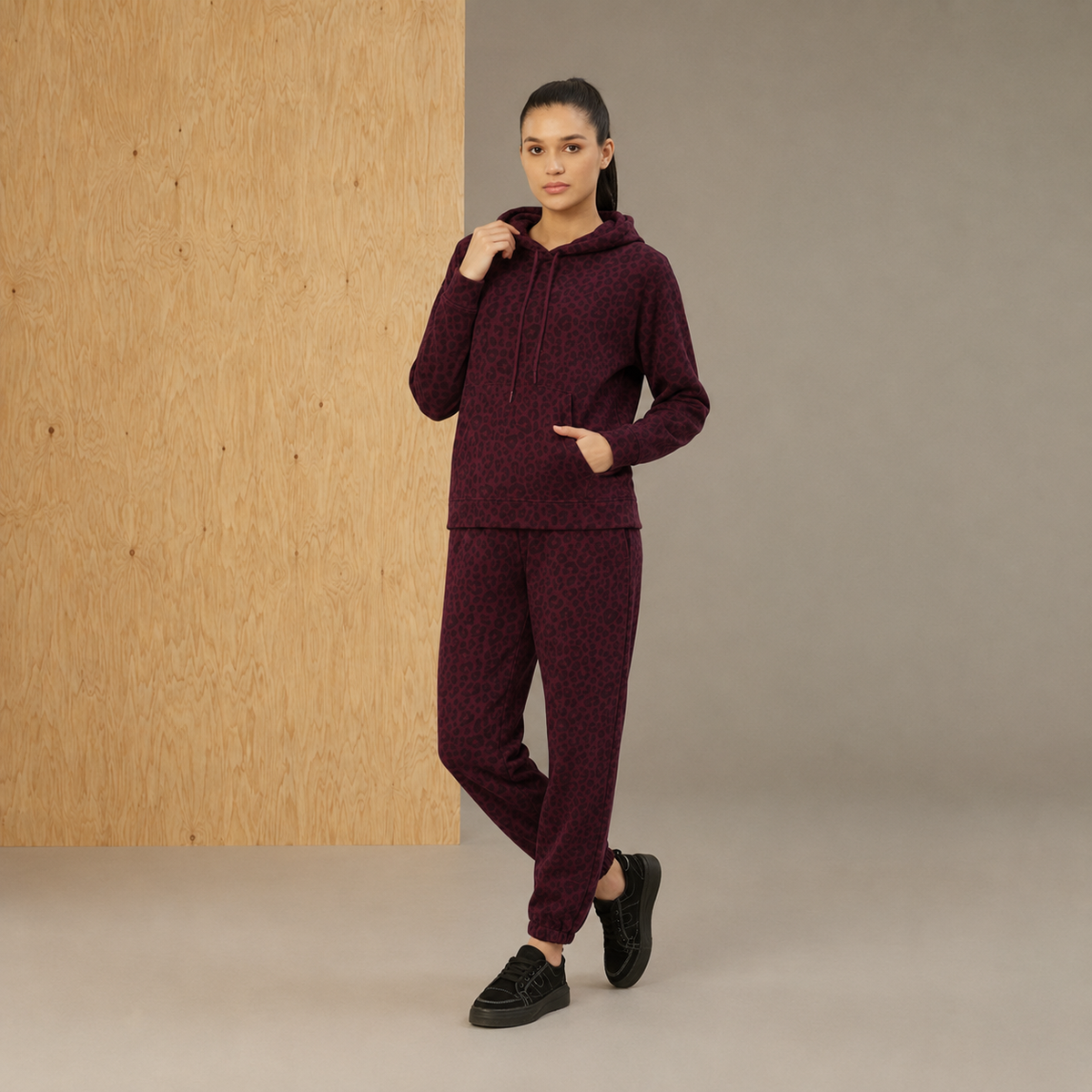 Damen Wein Leopard Print Polar Fleece Kapuzen-Set