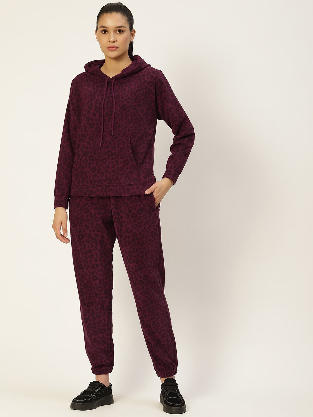 Women Wine Leopard Print Polar Fleece Hood Co-Ord Set