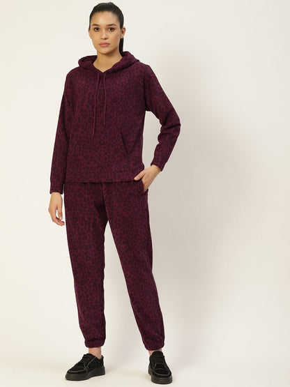 Women Wine Leopard Print Polar Fleece Hood Co-Ord Set