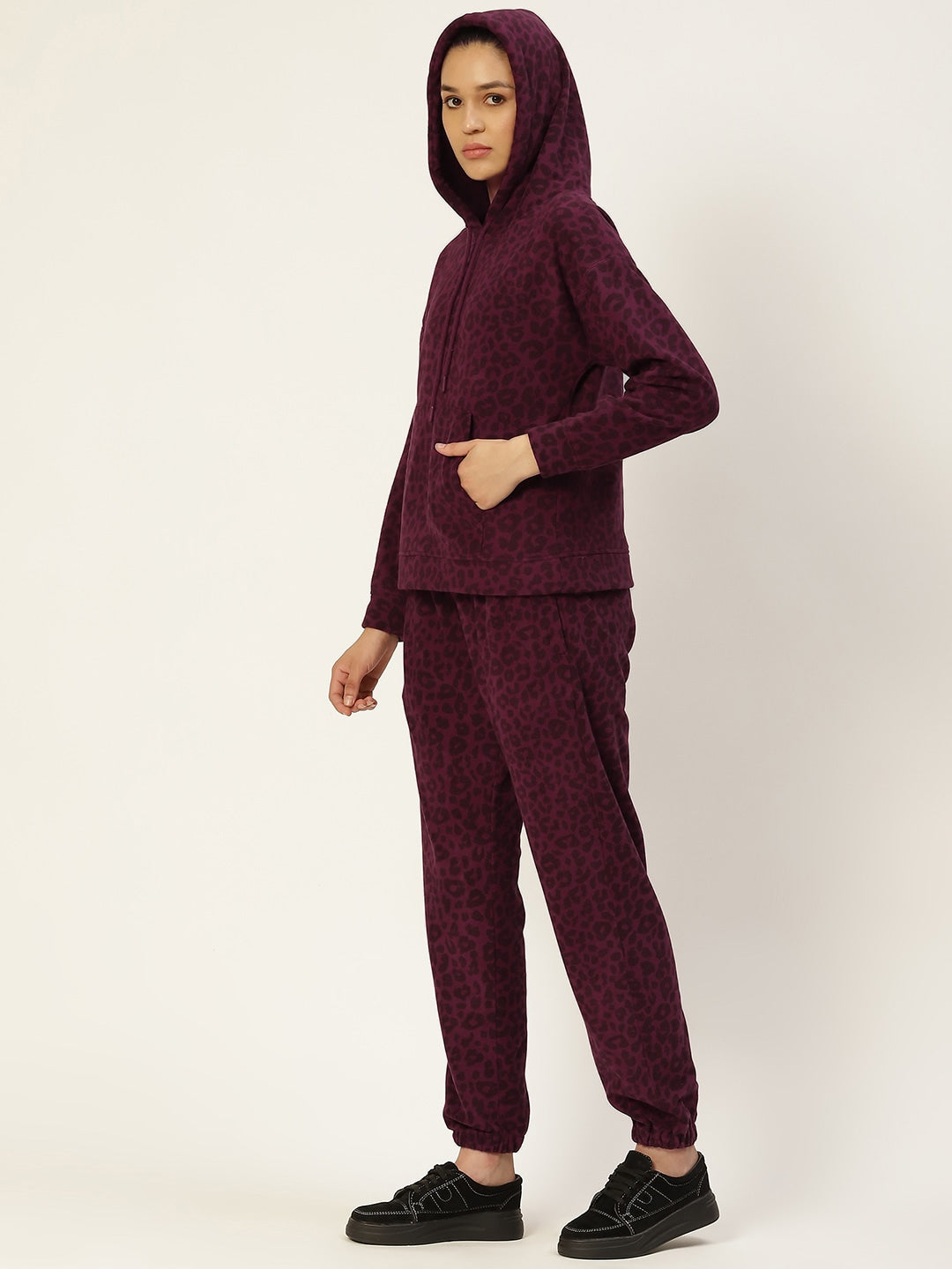 Women Wine Leopard Print Polar Fleece Hood Co-Ord Set