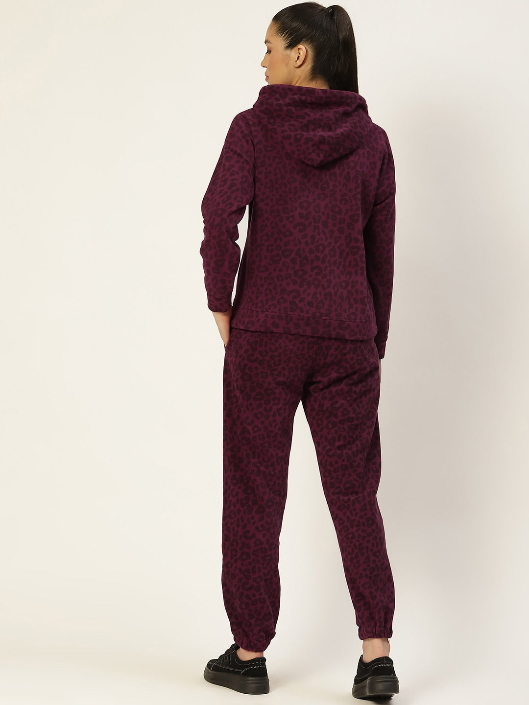 Women Wine Leopard Print Polar Fleece Hood Co-Ord Set