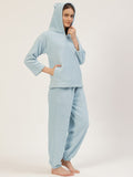 Women Sky Blue Solid Polyester Hooded Nightsuit