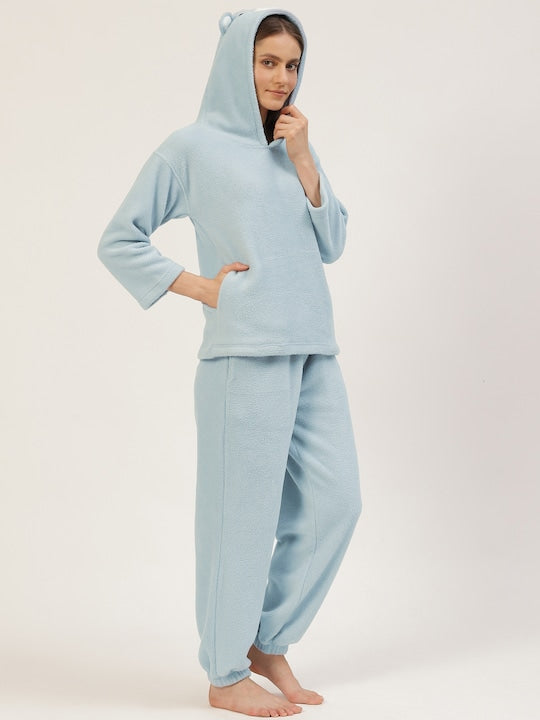 Women Sky Blue Solid Polyester Hooded Nightsuit