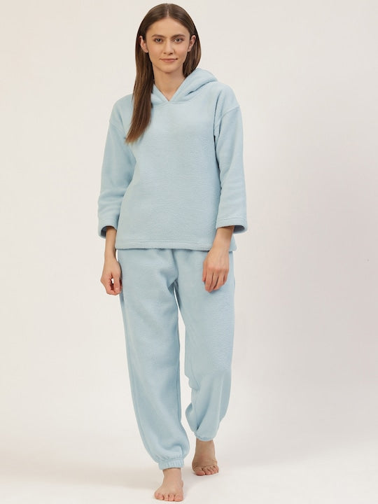 Women Sky Blue Solid Polyester Hooded Nightsuit