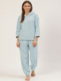 Women Sky Blue Solid Polyester Hooded Nightsuit