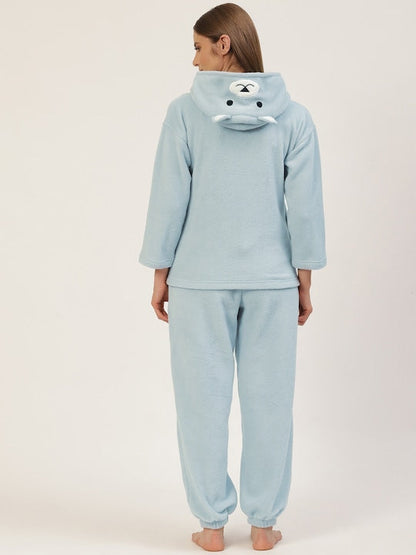 Women Sky Blue Solid Polyester Hooded Nightsuit