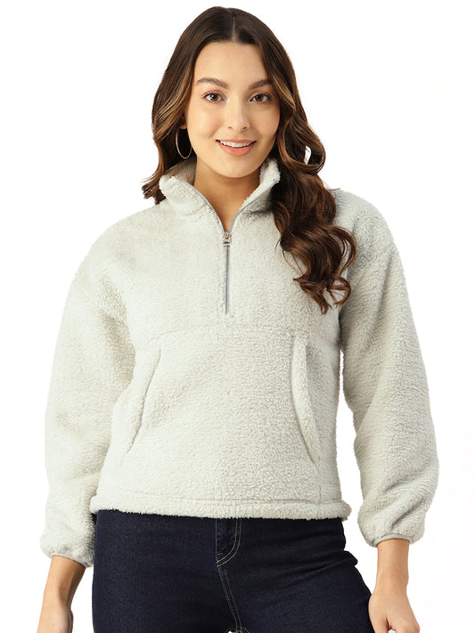 Women Dawn Blue Solid Polyester High Neck Sweatshirt