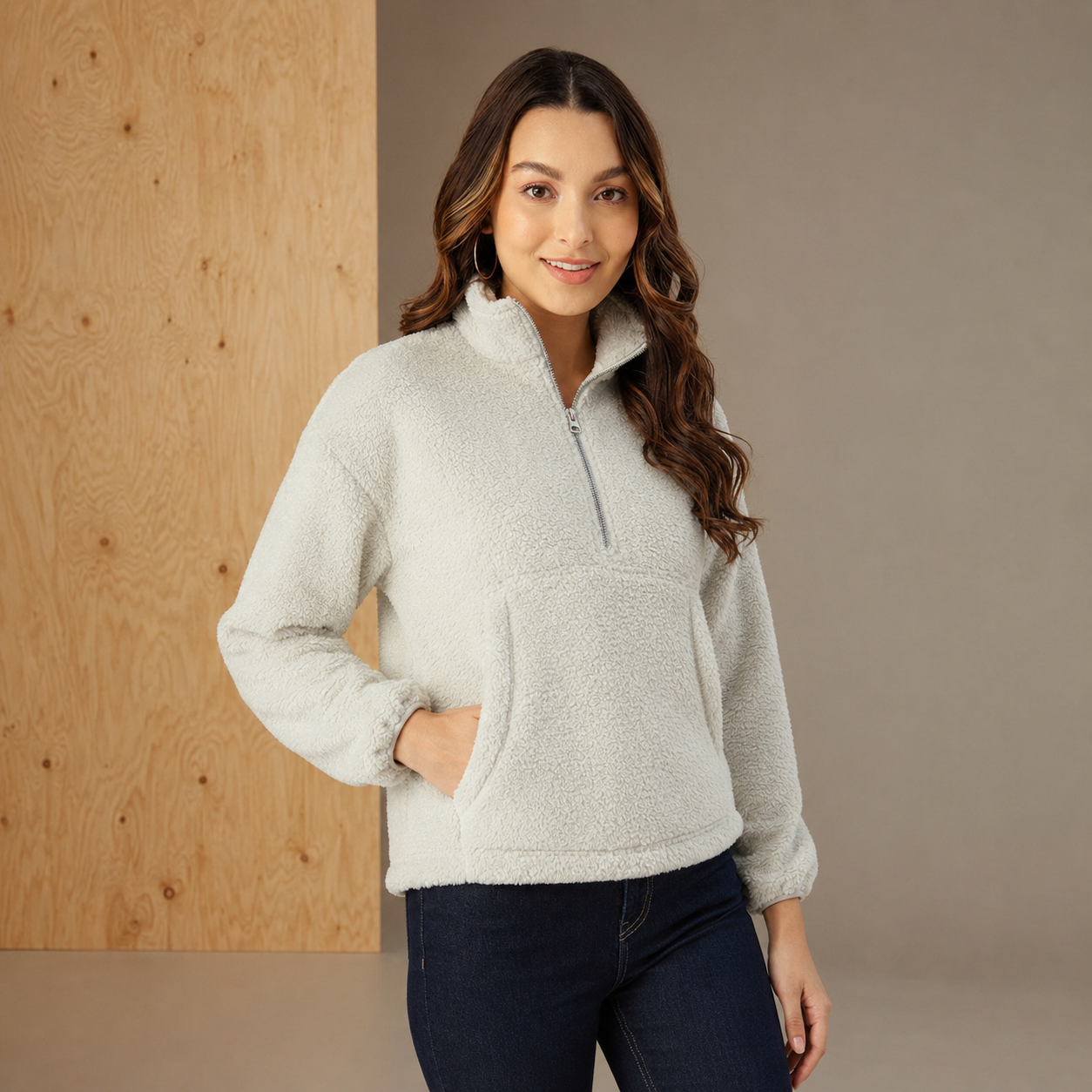 Damen Hellblau Unifarbenes Polyester-Sweatshirt mit hohem Kragen