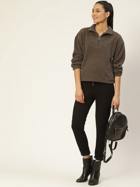 women khaki solid sherpa high neck sweatshirt