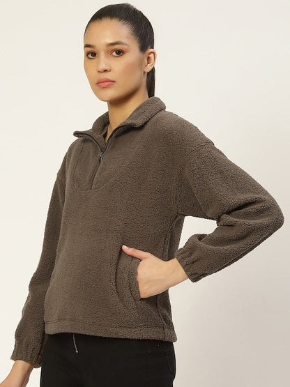 women khaki solid sherpa high neck sweatshirt