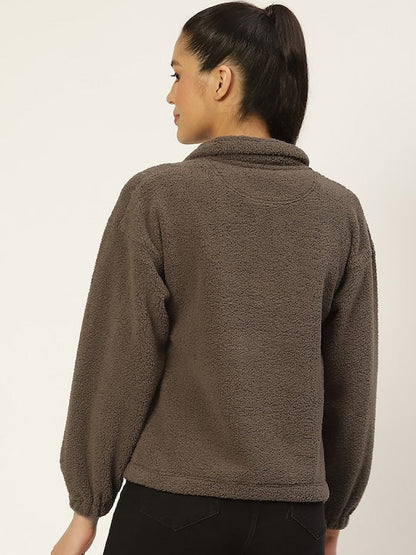 women khaki solid sherpa high neck sweatshirt