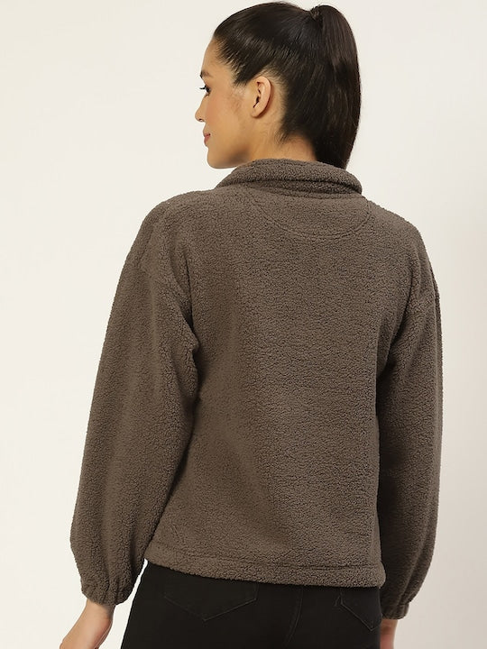 Women Khaki Solid Sherpa High Neck Sweatshirt
