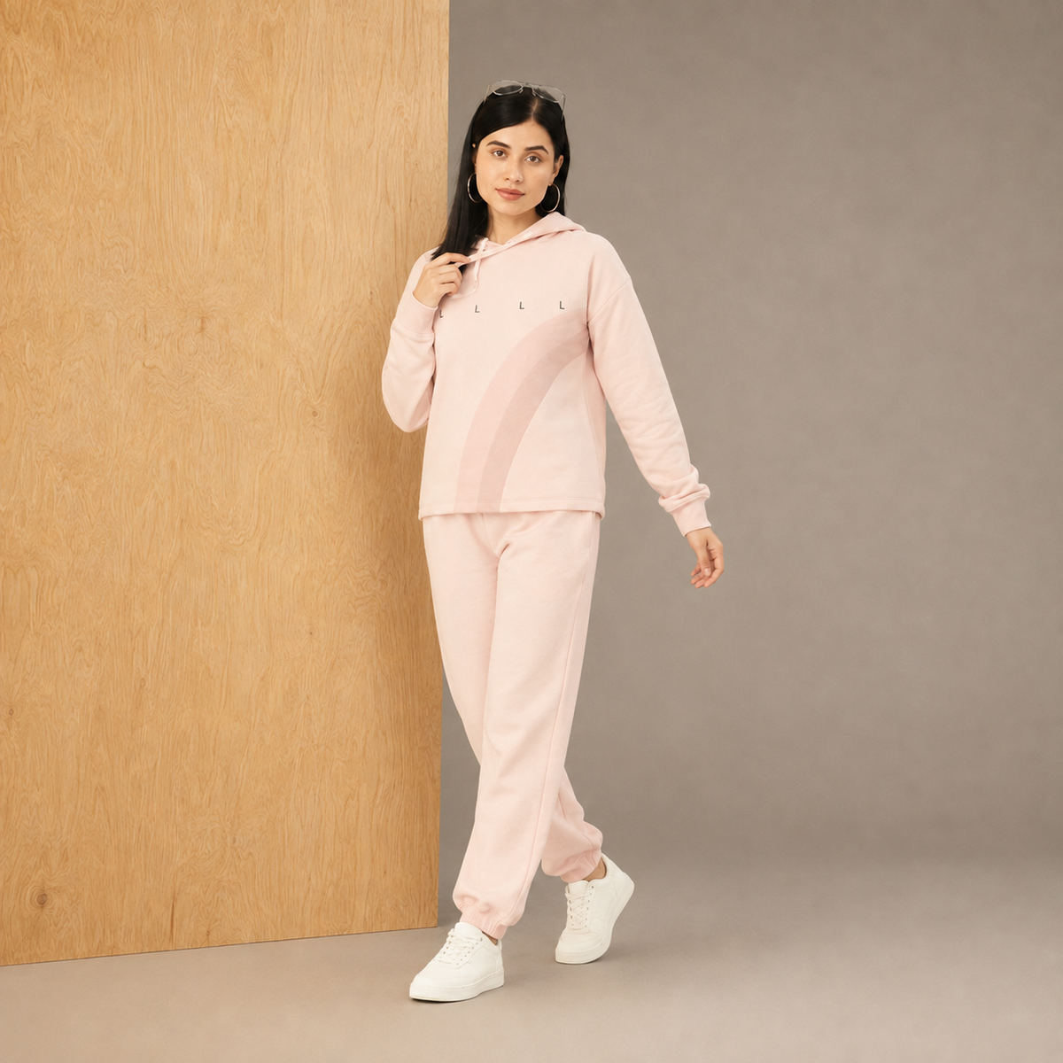 Damen Babyrosa Fleece-Hoodie-Set mit Print