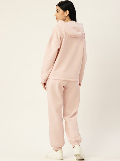 Women Baby Pink Print Fleece Hood Co-Ord Set