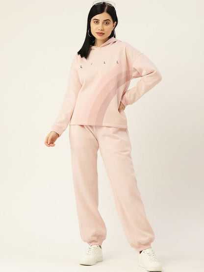 Women Baby Pink Print Fleece Hood Co-Ord Set