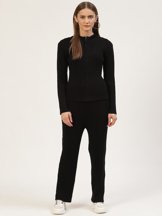Women Black Vertical Rib High Neck Co-Ord Set