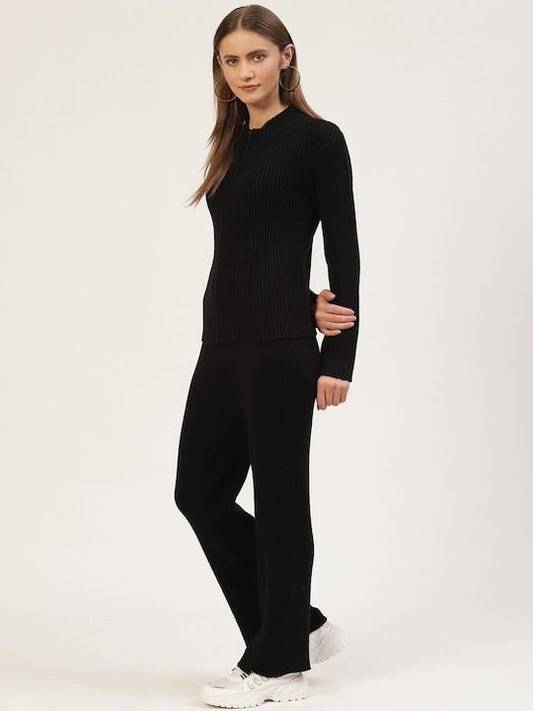 Women Black Vertical Rib High Neck Co-Ord Set